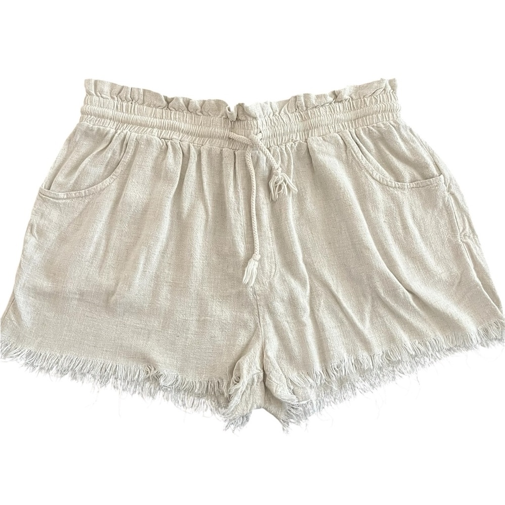 Pink Lily High Waist Frayed Hem Shorts - Cream